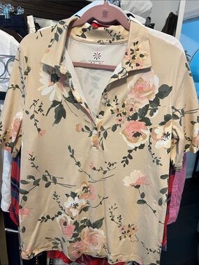Isaac Mizrahi Live! Beige Polo Top with Pink Trim and Green Print